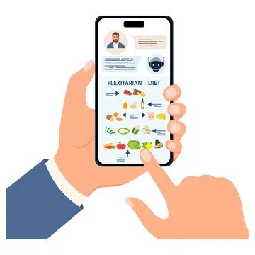 Flexitarian diet mobile app interface with user avatar and food illustratio.. Stock Illustration
