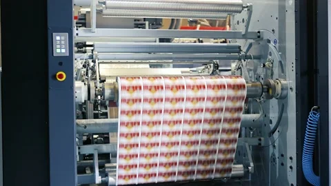 Flexography printing process on in-line press machine. Photopolymer plate Stock Footage 235908263
