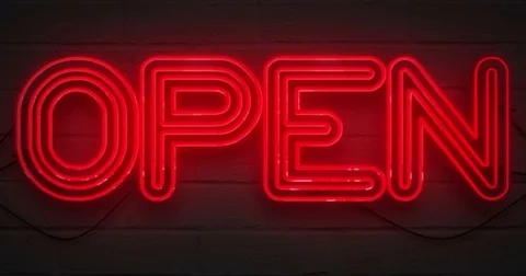 Flickering blinking red neon sign on brick wall background, open shop bar Видео 73861613
