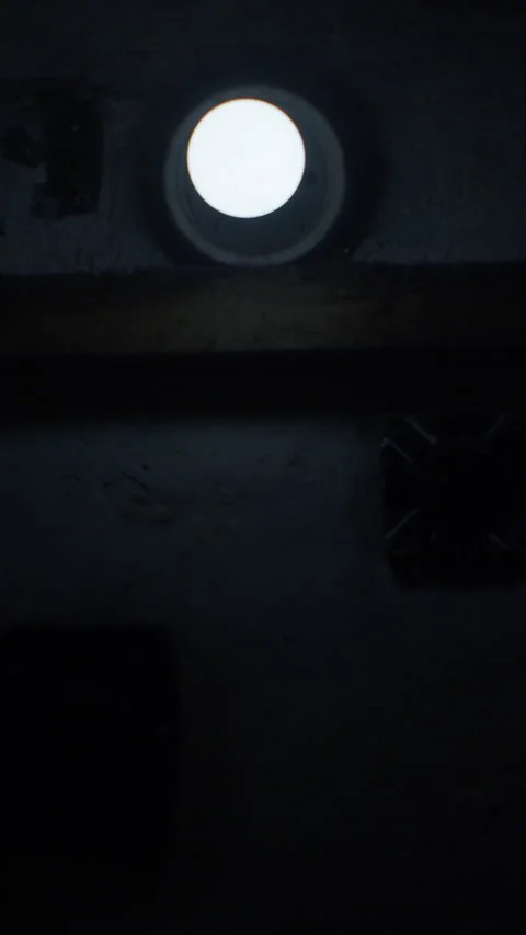 Flickering bulb light on cellar wall with door slightly ajar Stockbeeldmateriaal 332632515