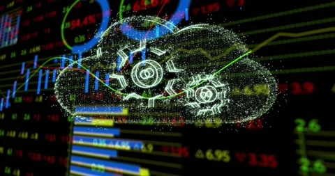 Flickering candlesticks igniting streak forming cloud gears icon dissolving into Stock Footage 317227580