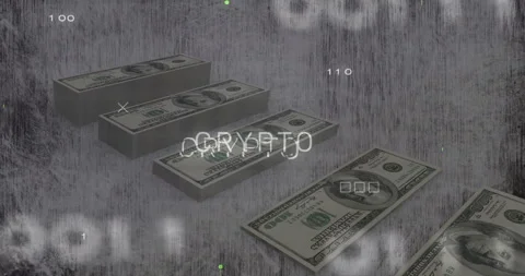 Flickering circuit lines starting crypto text glitching on three cash stacks Stock Footage 313554696