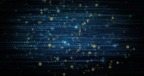 Flickering code glyphs causing golden particles emerging swirling blue lines Stock Footage 311455540