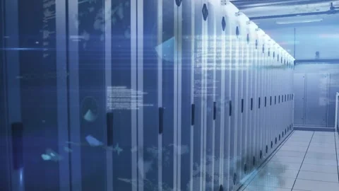 Flickering code overlaying server racks growing into data streams visualizing Stock Footage 317228330