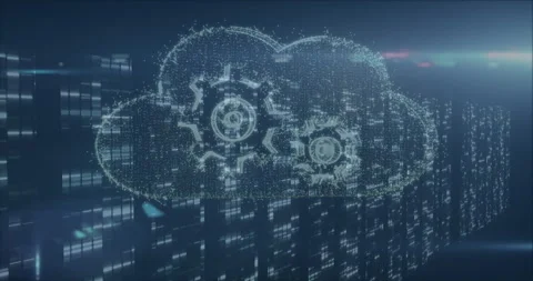 Flickering data columns merging into cloud then forming glowing two gear icons Stock Footage 311225825