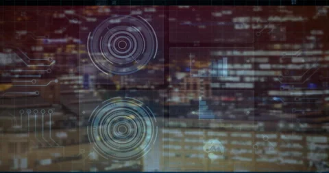 Flickering data lines driving HUD circles and bar chart emerging over city 스톡 동영상 314790492