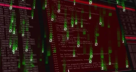Flickering digits initiating binary rain streaming across red code UI Stock Footage 317593140