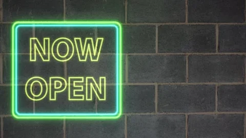 Flickering Green Neon Now Open Sign on Dark Brick Wall Stock Footage 339837786