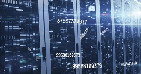 Flickering LED indicators on server cabinets streaming data flow in data center, Stock Photos
