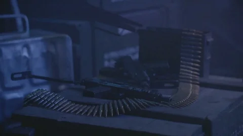 Flickering Light Over An Armor Crate With Weapons And Bullets Stock Footage 117034687