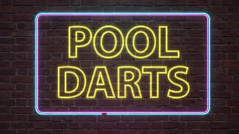 Flickering Neon Pool and Darts Sign on Dark Brick Wall Stock Footage 339998807