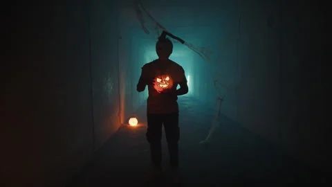 Flickering Pumpkin Light In The Hands Of A Killer Stock Footage 317617672