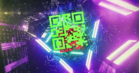 Flickering QR code against glowing tunnel Illustrazione stock