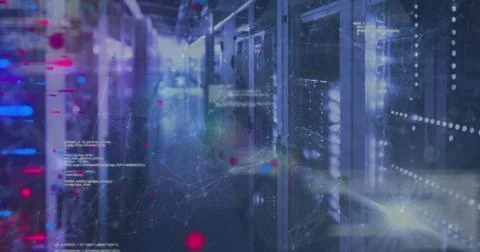 Flickering rack-mounted server LEDs lighting data center aisle with floating Stock Photos