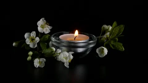 Flickering tea light candle with white spring blossoms on black background 動画素材 334172822