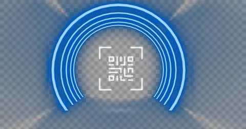 Flickering white QR code with blue neon circles on blue background 스톡 일러스트