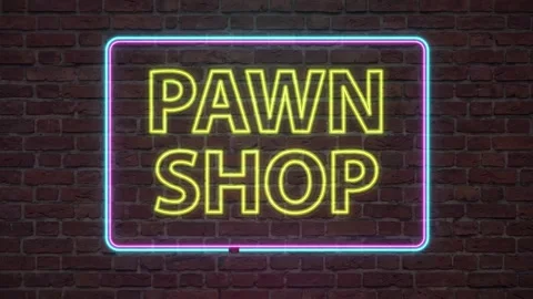 Flickering Yellow and Blue Neon Pawn Shop Sign on Brick Wall Stock Footage 341723765
