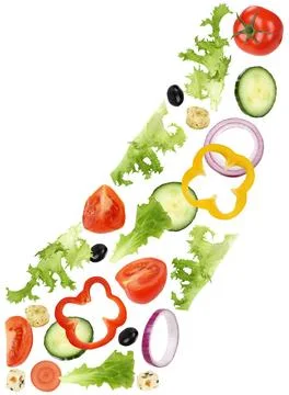 Fliegende Zutaten für Salat mit Tomate, Gurke, Zwiebel und Paprika Fliegen.. Stock Photos