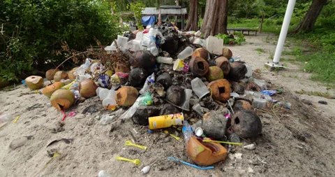Flies buzzing over heap of old garbage near beach at Perhentians, orbiting shot Stock Footage 314635979