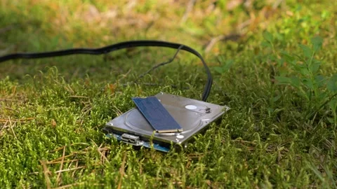 Flies fly around old overused and discarded hdd and m.2 nvme chip on the Video stock 155421260