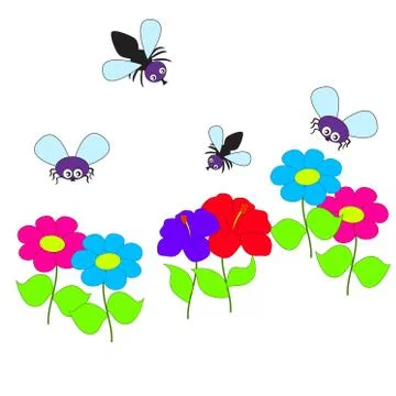 Flies flying over the flowers. Ilustração Stock