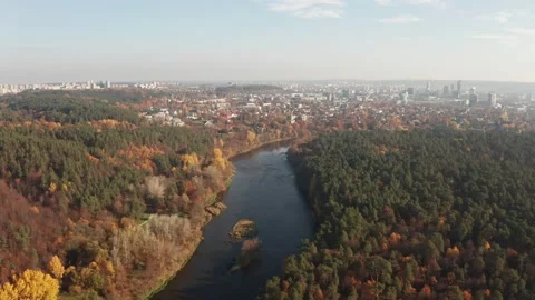 Flies forward over the river, Vilnius city forest park, beautiful autumn nature Stock Footage 144177211
