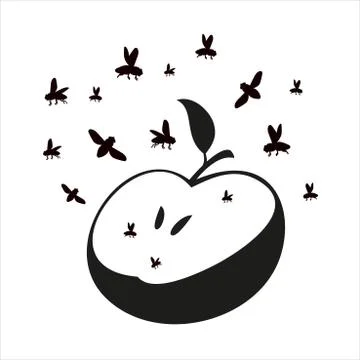 Flies or midges fly over the apple.. Silhouette. Flies in flight Stock Illustration