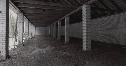 Flight in the abandoned soviet hangar Stock Footage 72535168