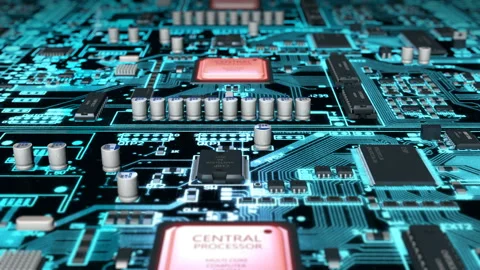 Flight above circuit board vs heated cpu, loop Stock Footage 87478066