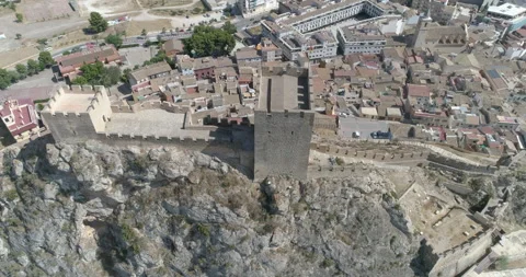Flight above defensive tower of medieval castle Stock Footage 209996812