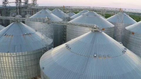 Flight above granaries and elevators in summer - aerial survey Video stock 68990812
