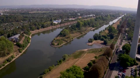 Flight above Neckar River Fork in Mannheim Stock Footage 144997881