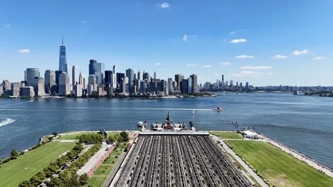 The flight above the old New Jersey Ferry Pier with Manhattan in the background. Stock Footage 292417859