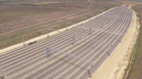 Flight above railways hub in port Видео 123763653