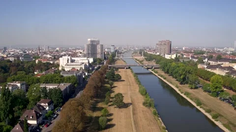 Flight above River Neckar in Mannheim City Panorama Stock Footage 144997640