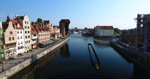 Flight Above River In Old Town In Gdansk, Poland Stock Footage 92957207