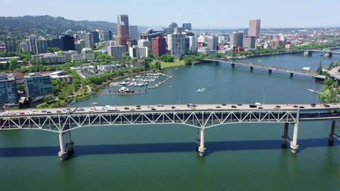 Flight above Willamette River toward Downtown Portland Stock Footage 244006531