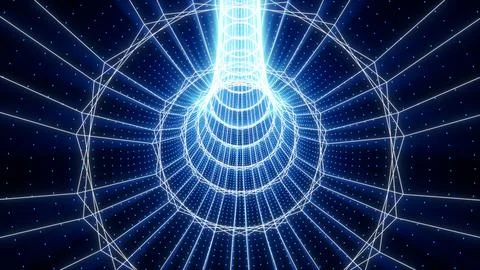 Flight in abstract blue lines neon sci-fi tunnel. Futuristic VJ motion graphic Stock Illustration