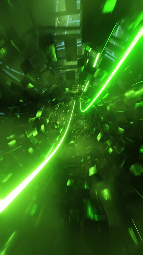 Flight in abstract green sci-fi tunnel. Vertical looped video Stock Footage 226369036