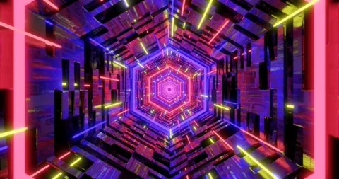 Flight in abstract sci-fi tunnel. Neon glowing rays. Video stock 146285934