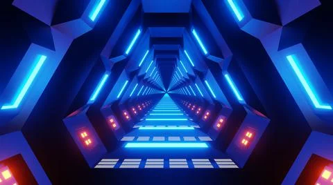 Flight in abstract sci-fi tunnel 3d render. Futuristic VJ motion graphics for Ilustração Stock