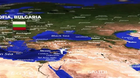 Flight From Abu Dhabi, UAE to Sofia, BULGARIA with flag pins Stock-Footage 310780929