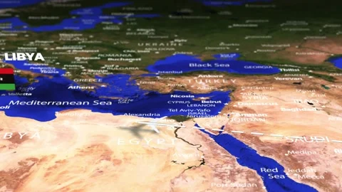 Flight From Abu Dhabi, UAE to Tripoli, LIBYA with flag pins Stock Footage 310777937