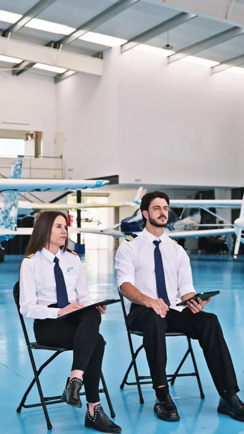 Flight academy students attending a briefing in an aircraft hangar Stock Footage 343632965