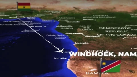 Flight From Accra GHANA to Windhoek NAMIBIA with flag pins Video stock 323714061