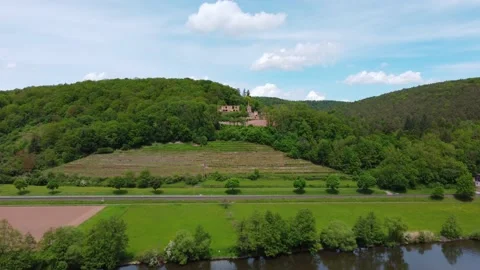 Flight across the river to the hill to the old castle Stock Footage 154757164