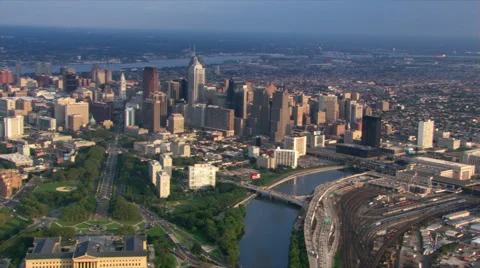Flight across Schuykill River looking back at Philadelphia. Shot in 2003. Stock Footage 59518959
