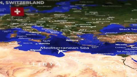 Flight From Addis Ababa ETHIOPIA to Bern SWITZERLAND with flag pins Stock Footage 326862009