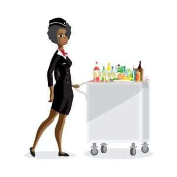Flight afro attendant serving drinks to passengers on board of t Stock Illustration