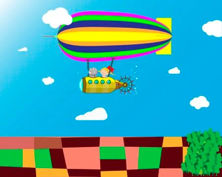 Flight of the airship in the sky above the fields. Creative illustration. Stock Illustration